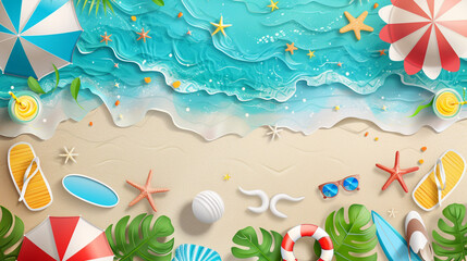 A beach scene from the top view with umbrellas, a bottle, and a surfboard. Papercut craft style.