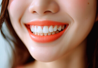 Fototapeta premium Wide smile of a girl with beautiful white teeth close-up. Dental services concept