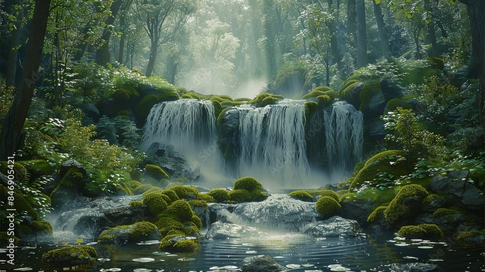 Poster a tranquil forest glade with a gentle waterfall trickling over moss-covered rocks, creating a peacef