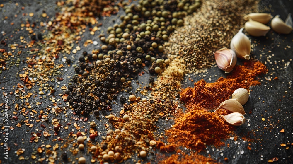 Poster a close-up of various spices arranged in rows on a dark countertop, including black peppercorns, gar
