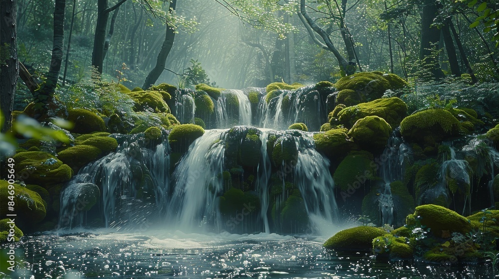 Poster a tranquil forest glade with a gentle waterfall trickling over moss-covered rocks, creating a peacef