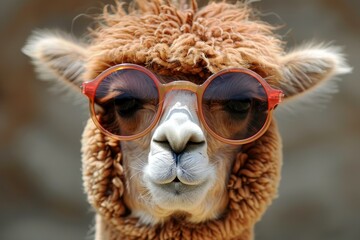 Closeup portrait of a trendy and stylish brown alpaca wearing colorful sunglasses, showcasing its unique and playful personality