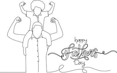 Little boy sat on father's shoulder continuous line drawing vector. happy father and son line art drawing.