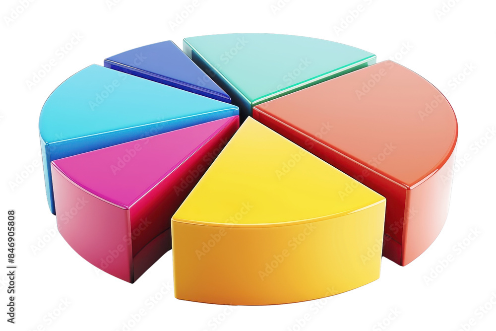 Poster 3D colorful pie chart with six segments, ideal for representing statistical data and business analytics in presentations and reports.