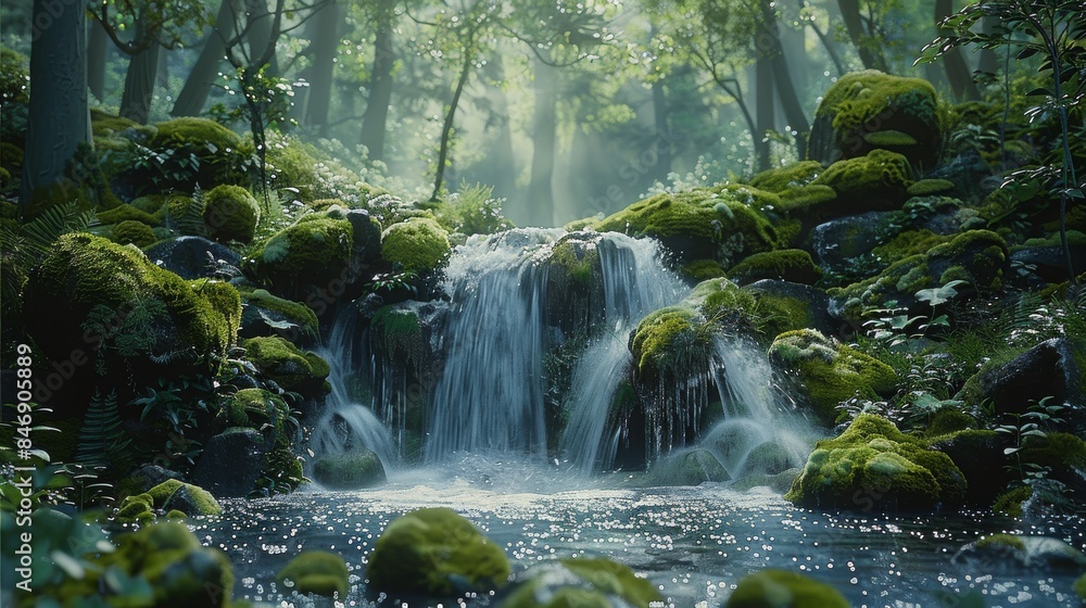 Poster a tranquil forest glade with a gentle waterfall trickling over moss-covered rocks, creating a peacef
