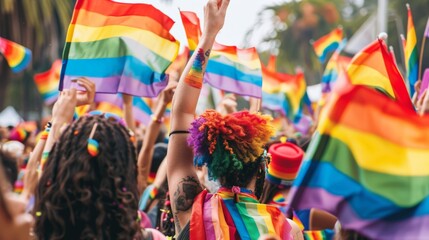 Crowd celebrating with rainbow flags at a public event