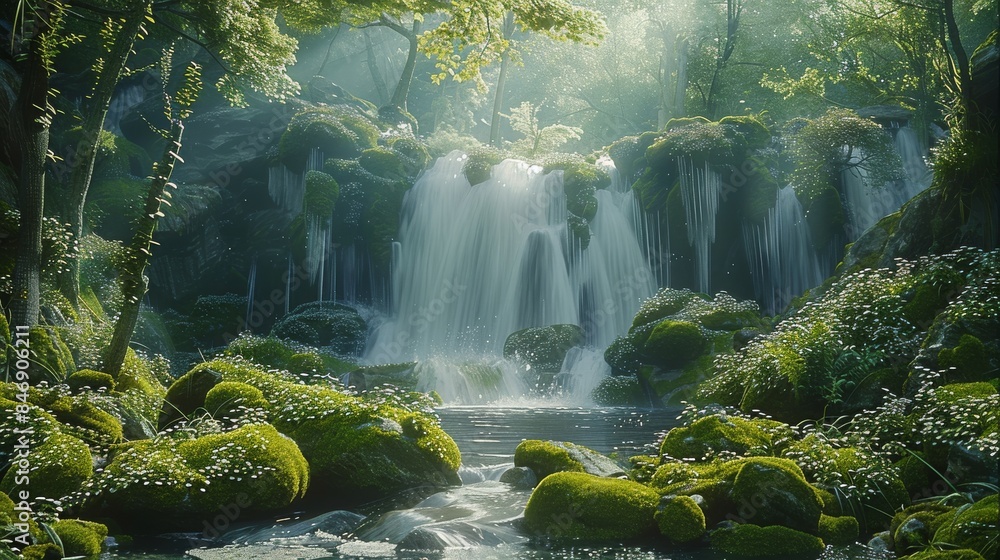 Poster a tranquil forest glade with a gentle waterfall trickling over moss-covered rocks, creating a peacef