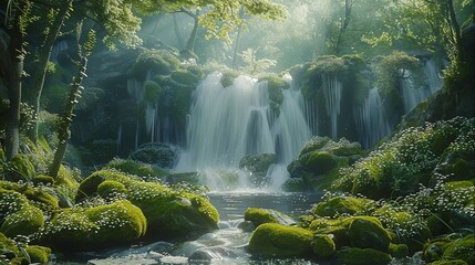 Fototapeta premium A tranquil forest glade with a gentle waterfall trickling over moss-covered rocks, creating a peaceful oasis in the heart of nature. Generative AI.