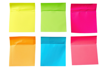 Bright and colorful sticky notes in six vibrant colors: yellow, green, pink, orange, blue, and red, arranged in a grid pattern.