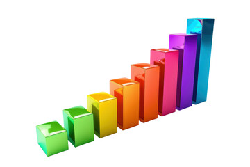 Colorful 3D bar chart illustration representing business growth and financial success, isolated on a transparent background.