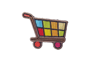 Colorful embroidered patch of a shopping cart with bright squares, ideal for fashion accessories, DIY projects, and custom clothing designs.
