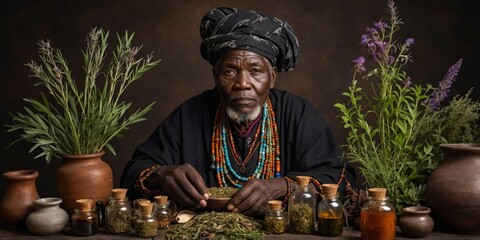 A traditional African healer surrounded by herbs and potions, symbolizing cultural medicine and spirituality