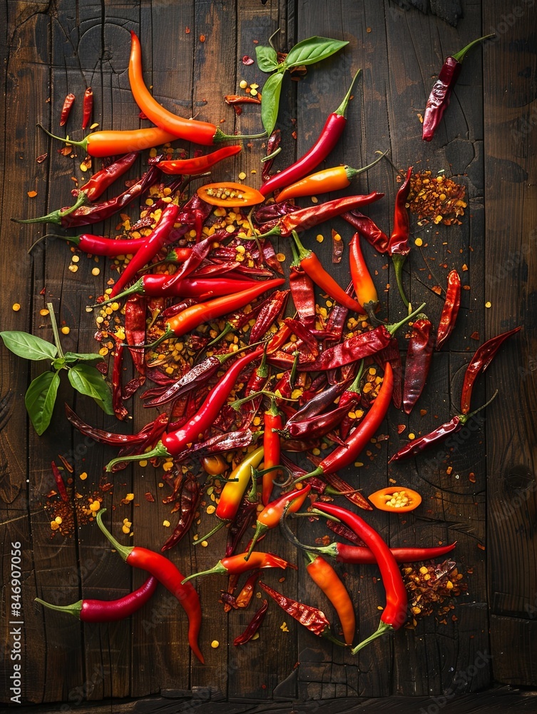 Poster a variety of fresh and dried chili peppers are arranged on a rustic wooden surface. the red, orange,