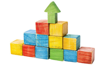 Obraz premium Colorful wooden blocks arranged in a pyramid shape with an upward pointing arrow, symbolizing growth, progress, and development in business or education.
