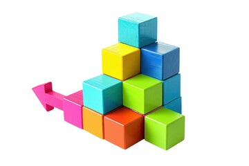 Colorful wooden cubes stacked in a pyramid with an arrow, isolated on a transparent background. symbolizing growth and progress.