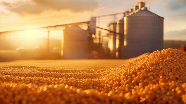 Golden corn kernels in foreground with silos and agricultural facilities in the background during sunset.