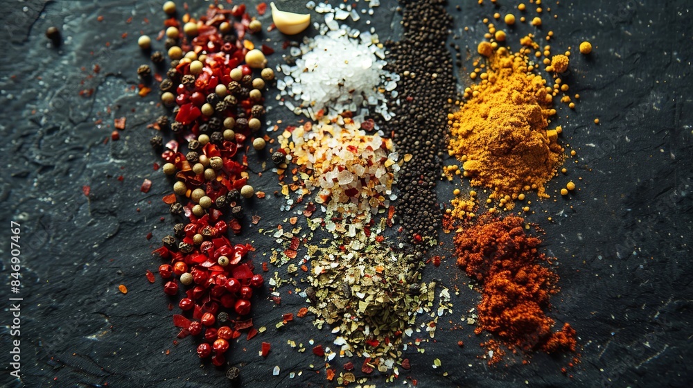 Aufkleber A variety of grilling spices are arranged in rows on a dark countertop. The assortment includes peppercorns, dried herbs, garlic powder, paprika, and salt. Generative AI