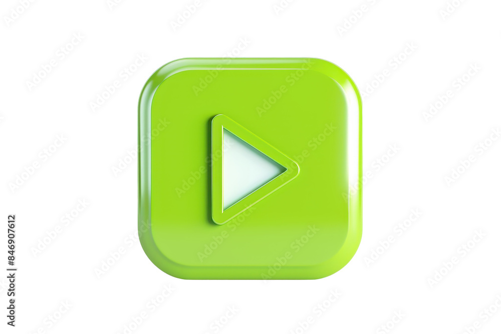 Poster green play button icon with a white arrow on a glossy square background. ideal for media, user inter
