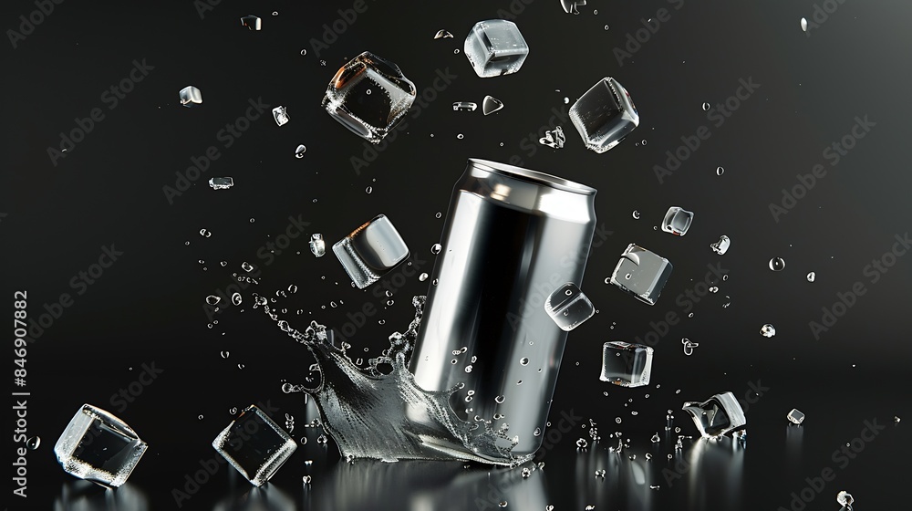 Poster Empty aluminium can mockup with flying ice cubes and splash isolated on black background : Generative AI