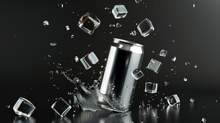 Empty aluminium can mockup with flying ice cubes and splash isolated on black background : Generative AI