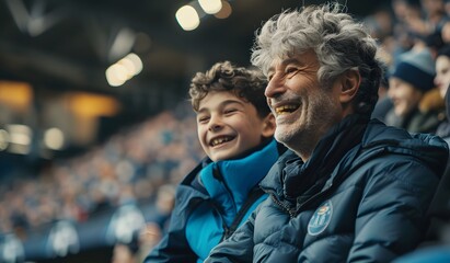 middle-aged man and his teenage son laughing together in the stands of an English football stadium, wearing blue jackets, in a wide shot