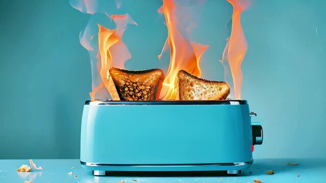Blue toaster with burning toast on fire. Safety hazard in household kitchen. Overheating danger with flames and smoke.