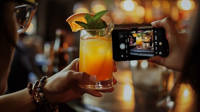 Person taking photo of drink with phone : Generative AI