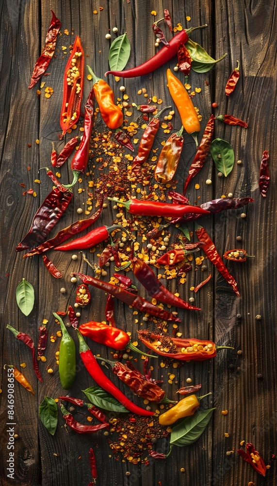 Aufkleber a rustic wooden surface adorned with a vibrant mix of fresh and dried chili peppers of various color