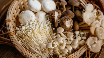 Variety of Mushrooms in a basket, close up and shot overhead.