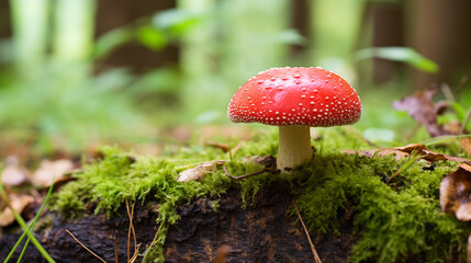 a red mushroom growing on moss