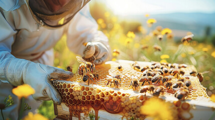 A beekeeper in protective gear inspects a beehive frame with honey and bees, under bright sunlight. urban bee farming and sustainable practices, highlighting impact on the environment. Generative AI.