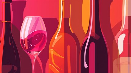 Wine abstract minimal flat design Glass of red and white sparkling wine champagne Wine bottles Restaurant menu invitation for an event festival party Wine tasting concept in red pink o : Generative AI