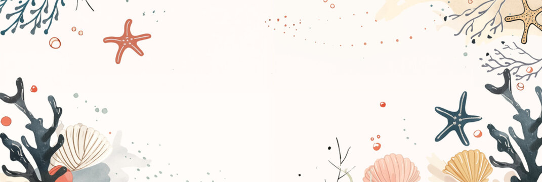 Sea life banner with starfish, coral, and shells in pastel colors. Panoramic web header. Wide screen wallpaper with copy space