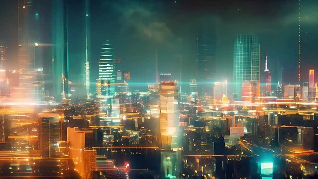 Futuristic cityscape at night with bright lights and abstract digital overlay, showcasing a modern, technology-driven urban environment.