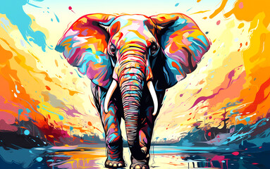 A full-length painting of an elephant, very bright colors, walking. beautiful color background for logo and design