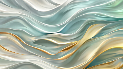 Fototapeta premium A green and white abstract painting with gold accents. The painting has a wave-like pattern and he is a representation of water. The colors and brushstrokes give the painting a sense of movement