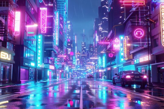 futuristic cyberpunk city street at night neon lights and holograms scifi 3d illustration