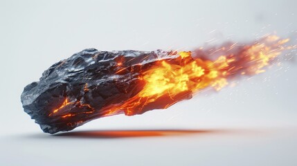 A meteorite with a fiery tail isolated on a white background.