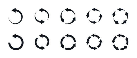 Circle arrow icon set. Symbol of reload, refresh, loading, recycle and repeat. Interconnecting round arrow vector icons set. Work in progress sign. One, two, three, four, five, six arrow in the loop.