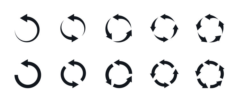 Circle arrow icon set. Symbol of reload, refresh, loading, recycle and repeat. Interconnecting round arrow vector icons set. Work in progress sign. One, two, three, four, five, six arrow in the loop.