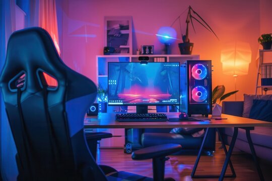 futuristic gamer room setup with powerful pc and colorful gradient lighting