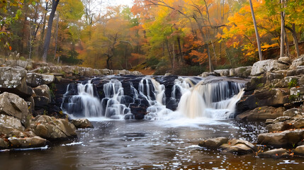 Obraz premium big waterfall in the autumn forest with layered rocks and fallen leaves in beautiful landscape of golden leaves