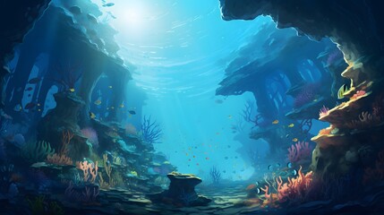 Beautiful underwater scenery with various types of fish and coral reefs Generative AI