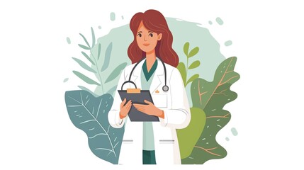 Smiling female doctor in white coat holding clipboard.
