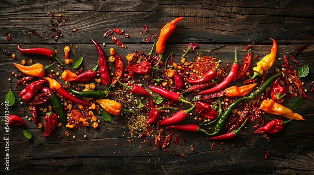 Poster A close-up image of fresh and dried chili peppers of various colors and types scattered on a rustic wooden surface. Generative AI