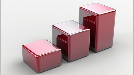 3d of a three bar chart grow, made from plastic material, three quarter view, silver and burgundy vinous colors, no lightning, mat plastic material, on white background. Generative AI.