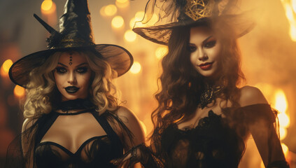 two beautiful women in witch costumes at halloween event, in the style of nightmarish erotic imagery