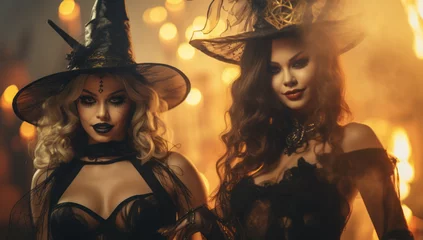 two beautiful women in witch costumes at halloween event, in the style of nightmarish erotic imagery © MD Media