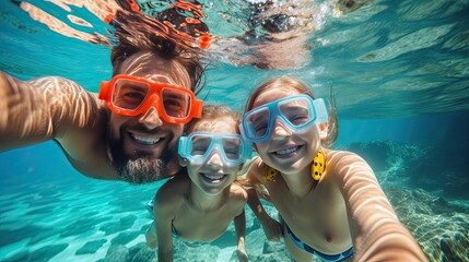 Smiling family enjoying snorkeling in blue ocean, wearing colorful goggles, diving underwater in crystal clear waters.