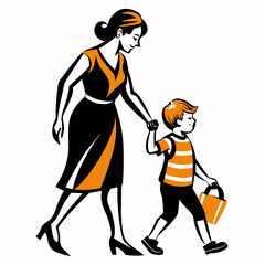  image of mother walking holding child's hand line vector illustration
